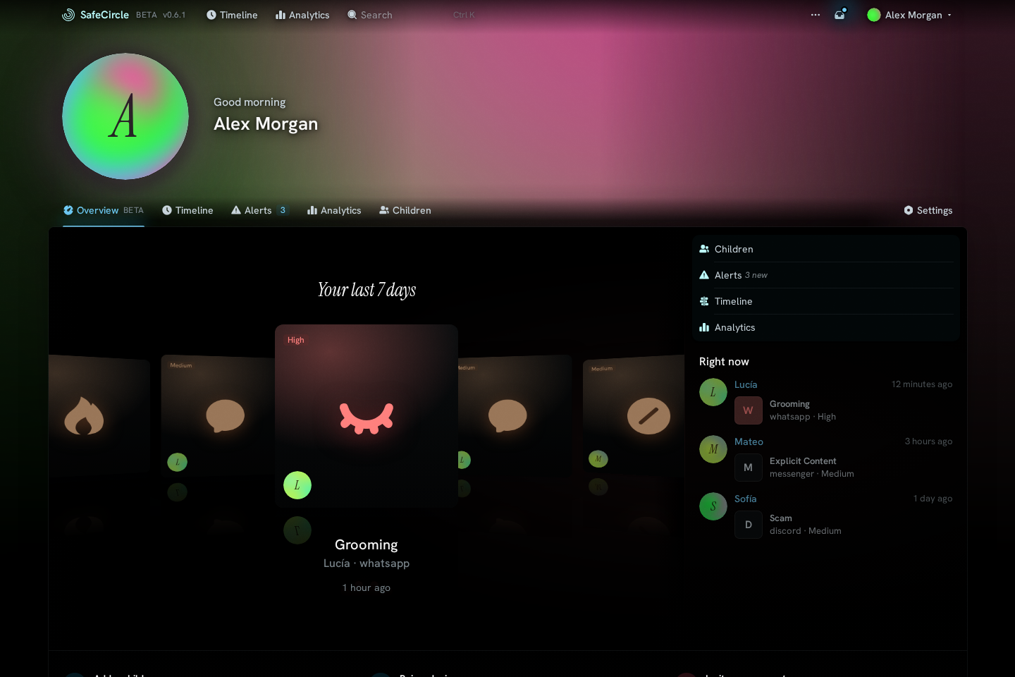 SafeCircle parent dashboard overview showing the latest AI-flagged alerts