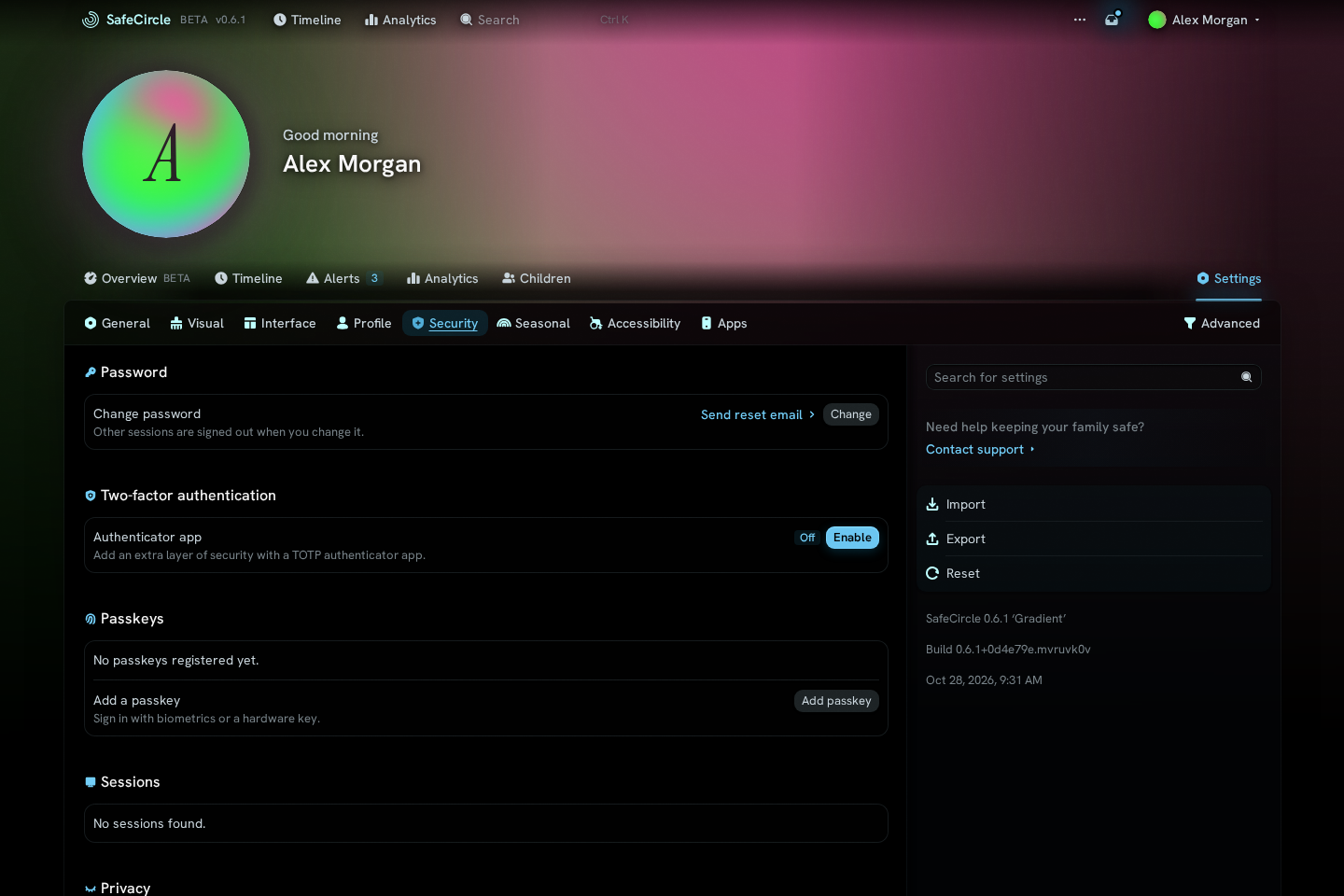 SafeCircle account security settings with two-factor authentication and passkeys