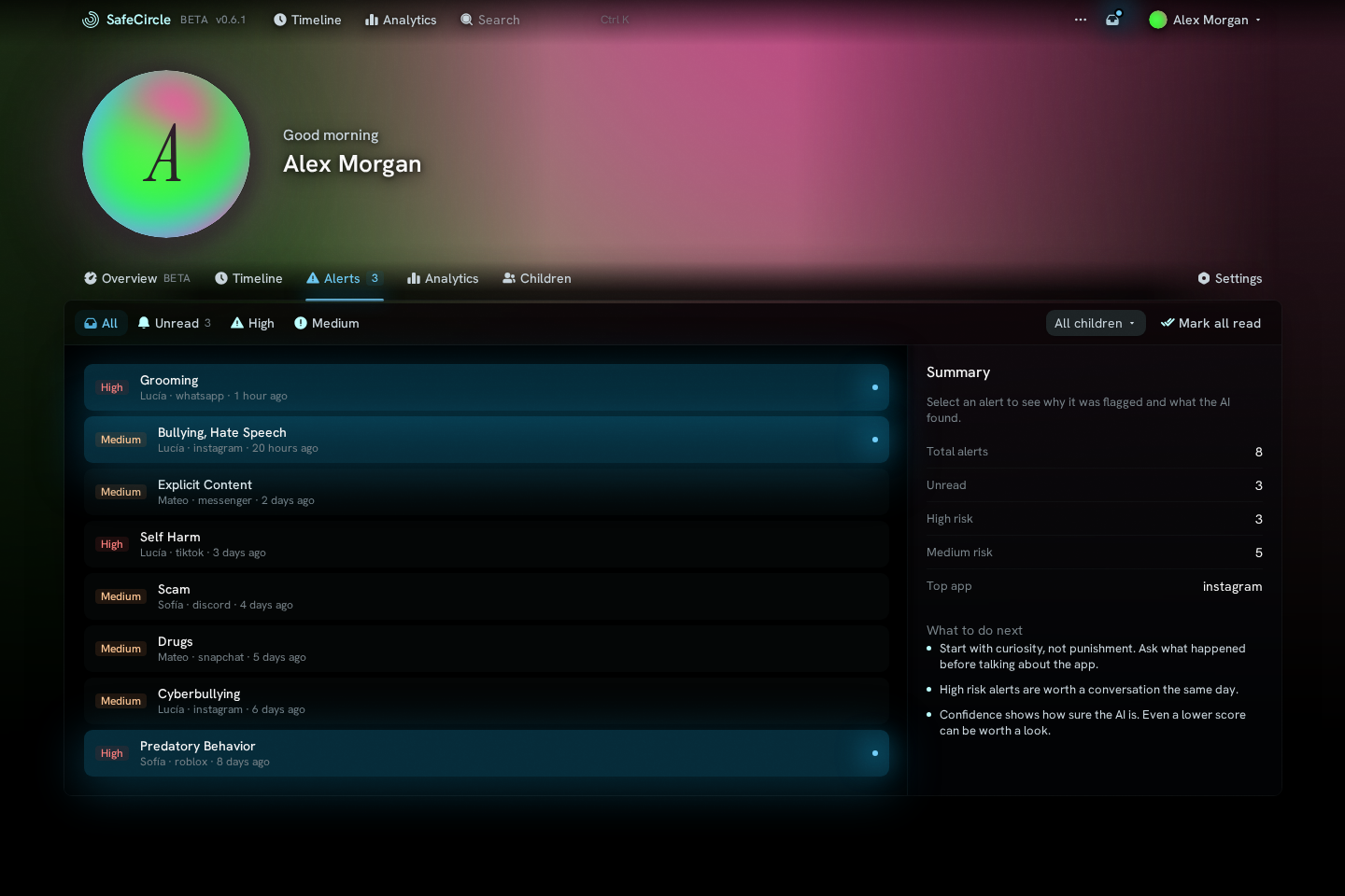SafeCircle dashboard: AI alert feed