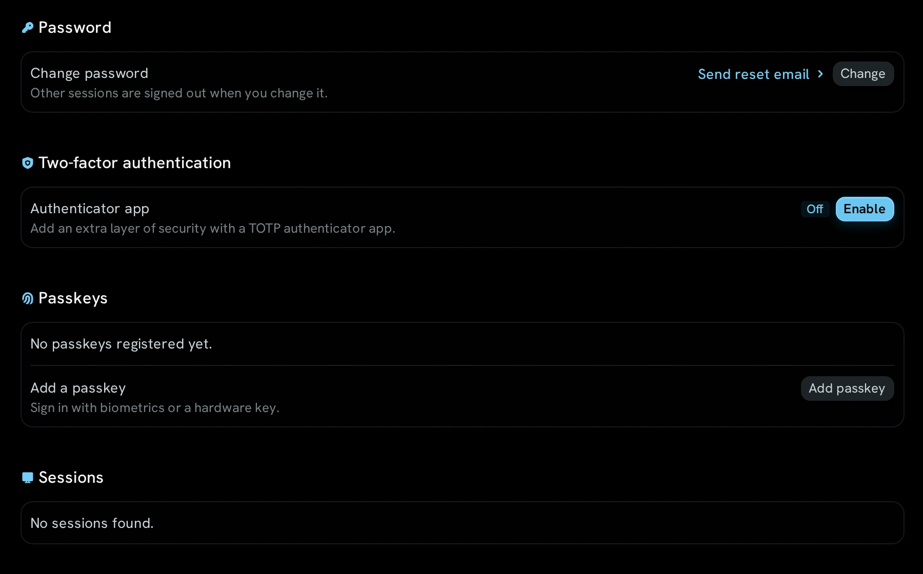 SafeCircle account security: password, two-factor authentication, passkeys and sessions